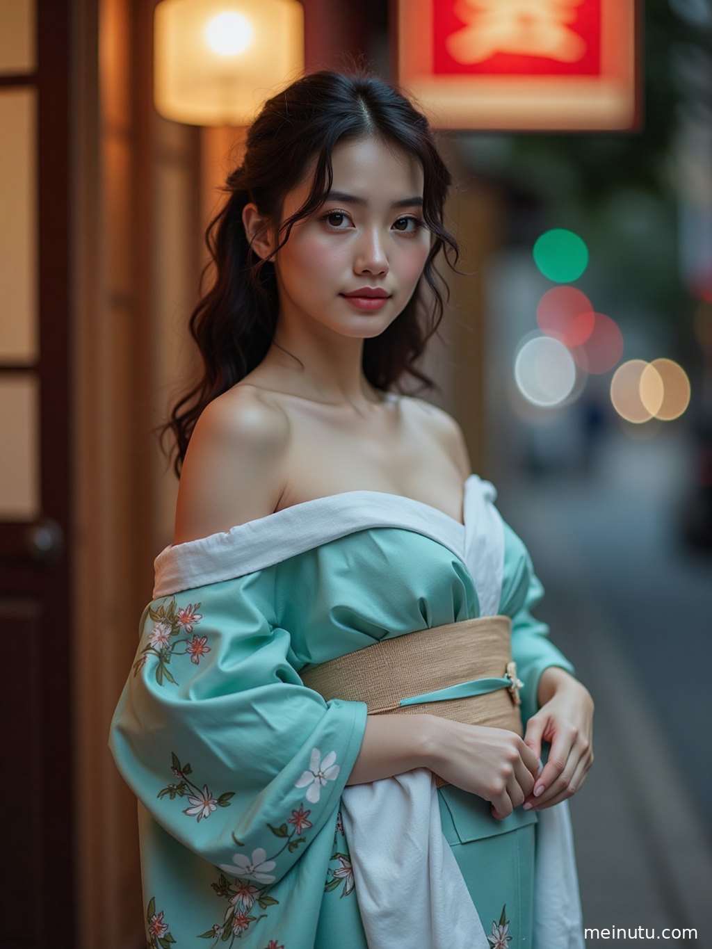Adult woman in a refined Japanese kimono surrounded by luminous highlights and a cinematic retro hallway atmosphere.