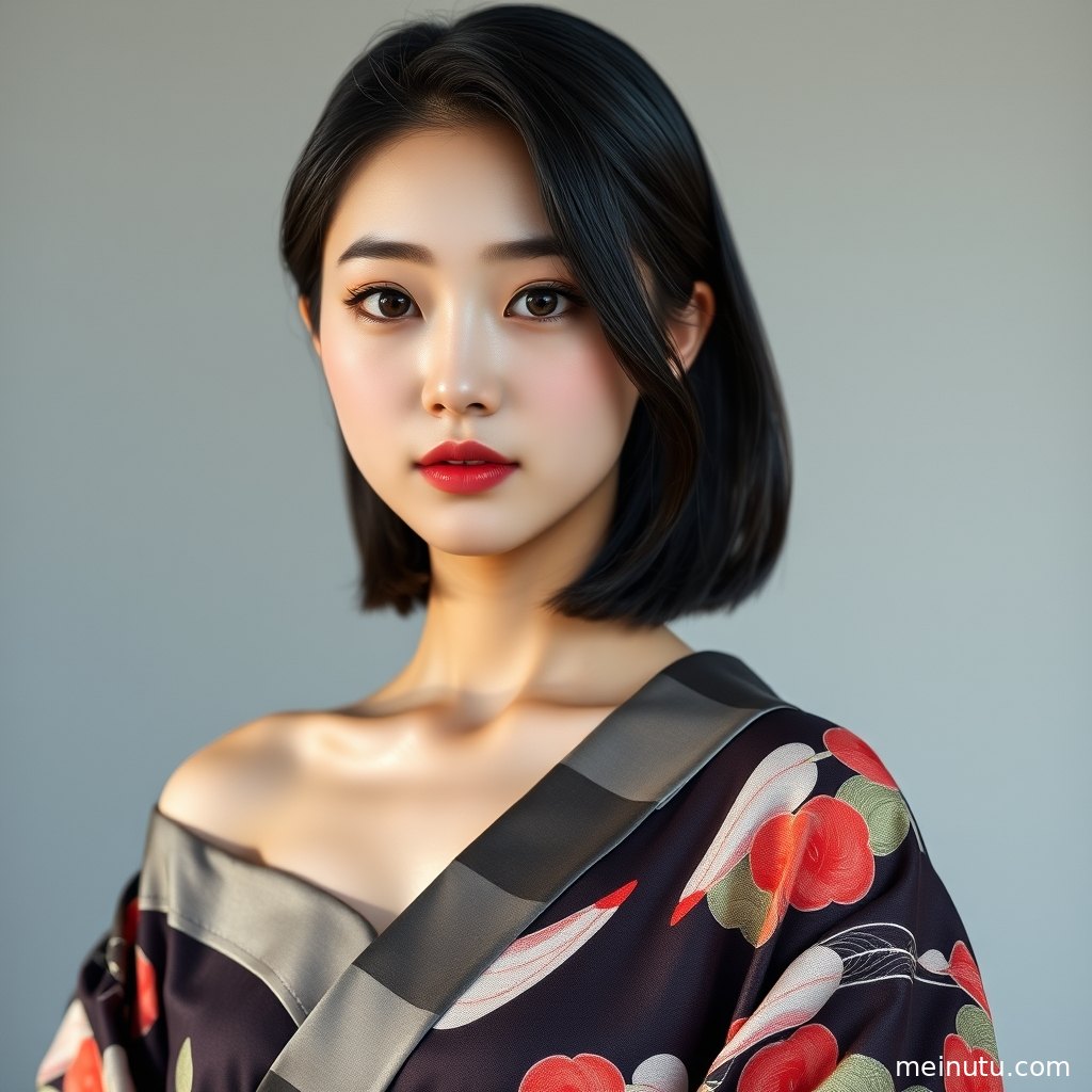 年轻成年女性身着日本公主和服在黄昏庭院中俯拍入镜，阴天漫射光营造柔和氛围。