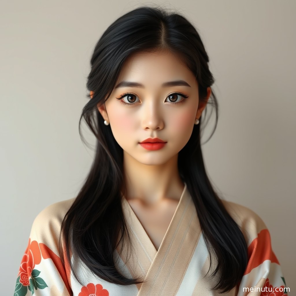 亚洲和服美女穿华丽和服静坐木质回廊，发饰精致，画面呈现日系和风质感。