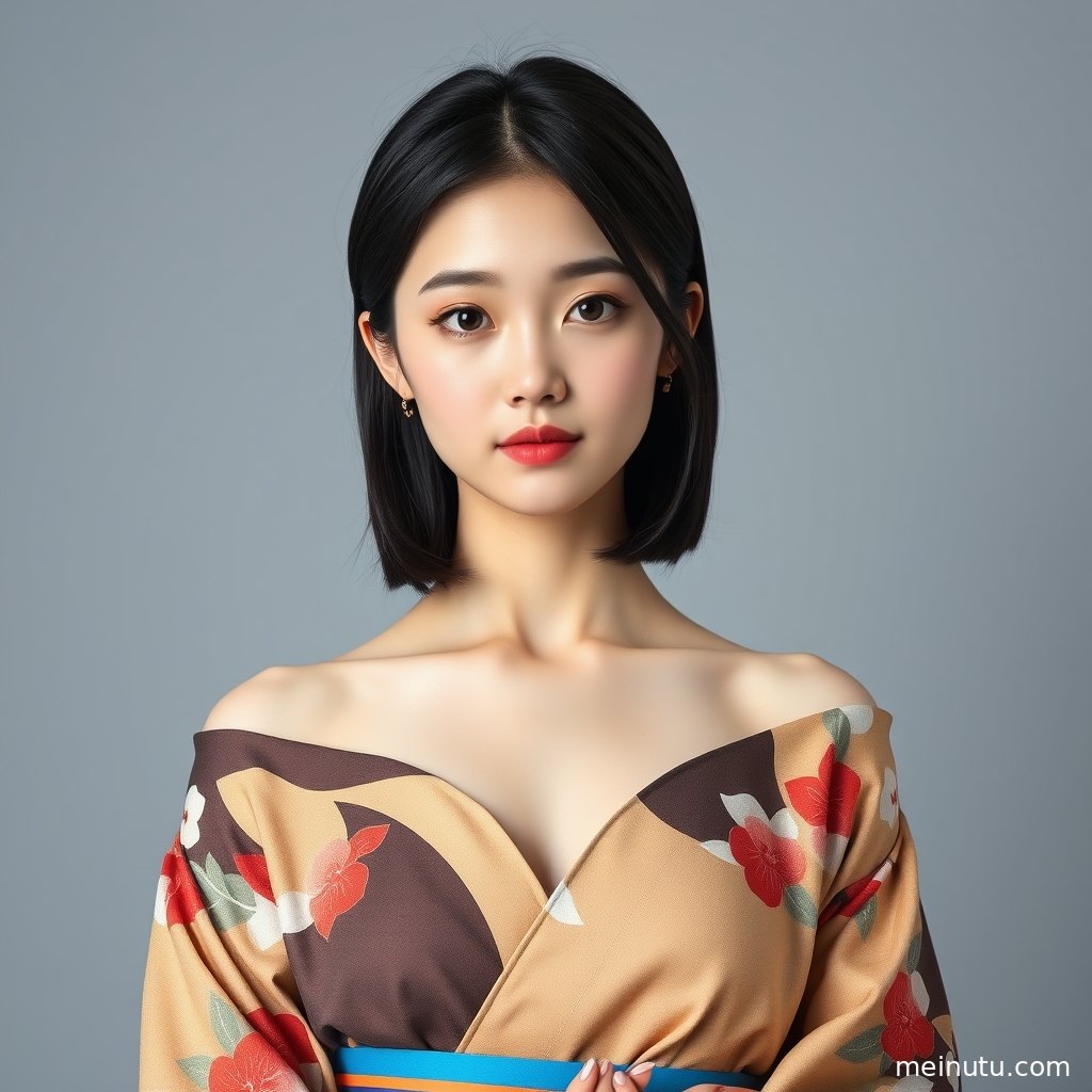黄昏阴天光线下的日本公主和服写真，年轻成年女性低眸展现温柔气质。