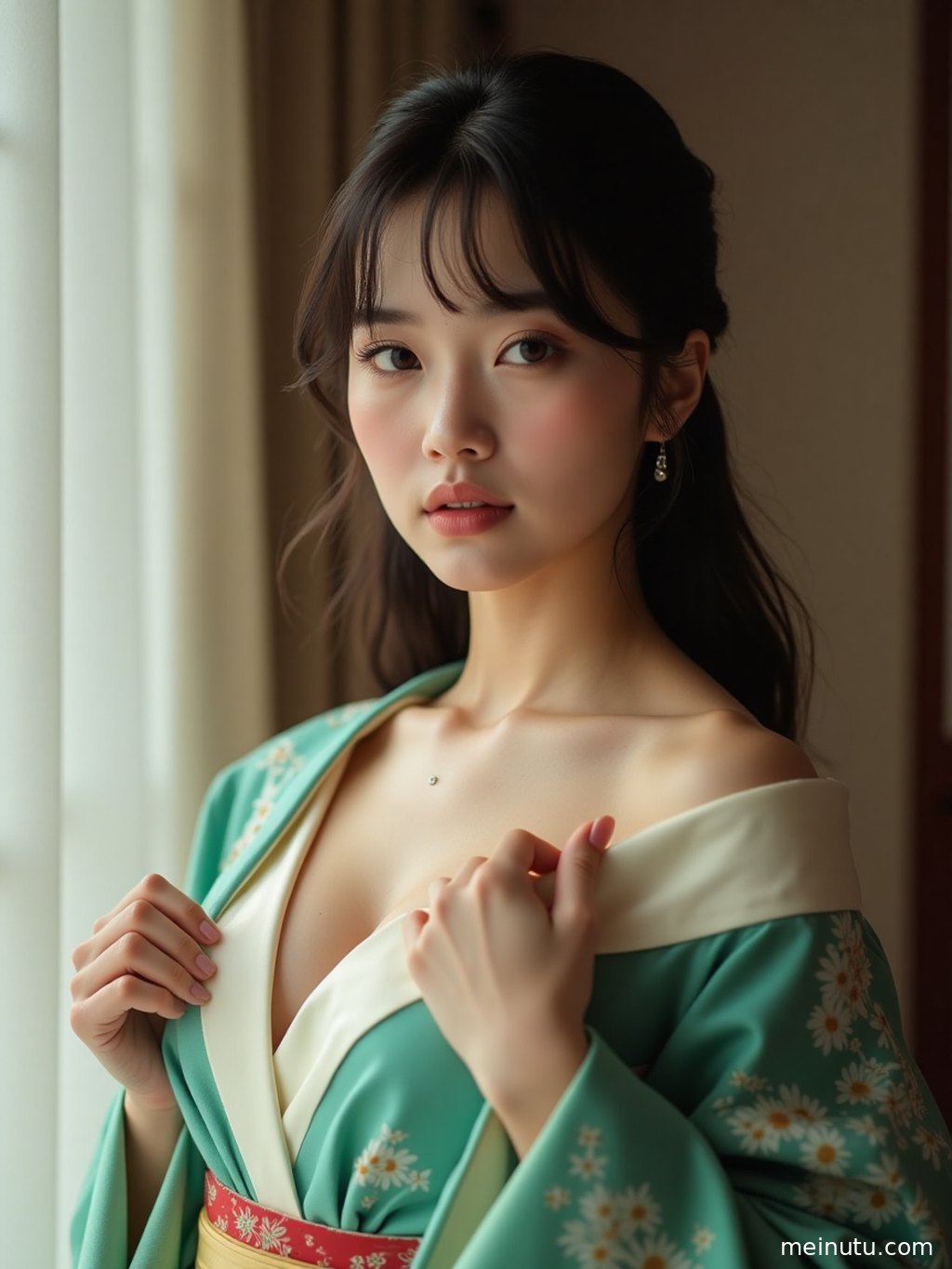 Adult woman standing in profile as natural light outlines the graceful shape of her Japanese kimono.