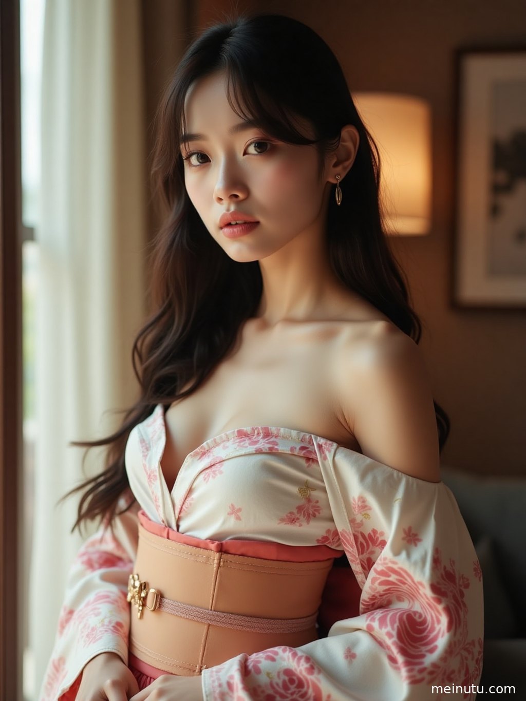 Wide studio portrait of an adult asian model in kimono against a clean background with cinematic atmosphere.