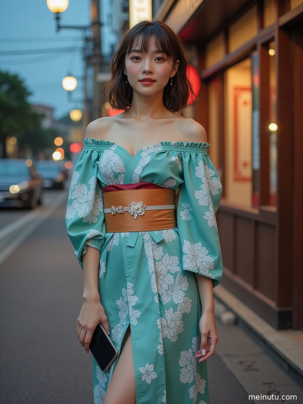 Wide garden portrait of an adult asian model in a colorful kimono, blending traditional styling with natural scenery.