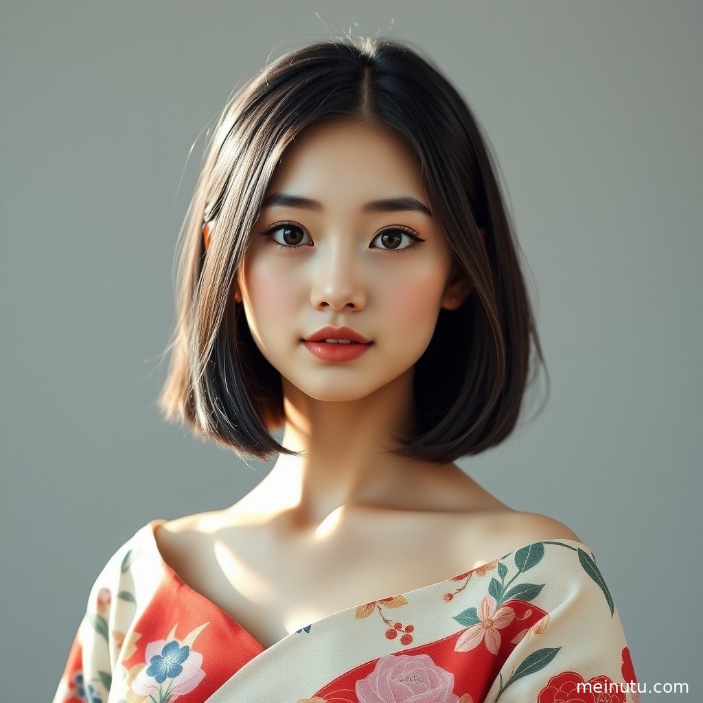 成年女性身穿和服站在庭院石径旁，自然光勾勒日本和服发型与发簪细节。