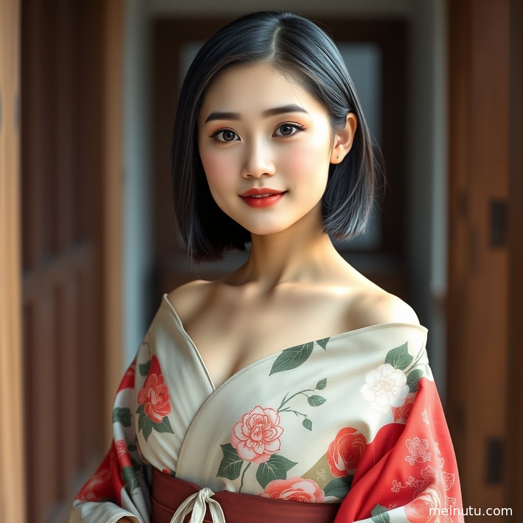 低角度拍摄的和服写真中，成年女性在绿植庭院里展现温柔日系和风气质。
