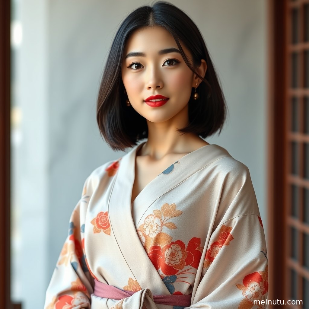 成年女性侧身坐在庭院木廊边，精致日本和服发型与柔和光影形成清雅画面。