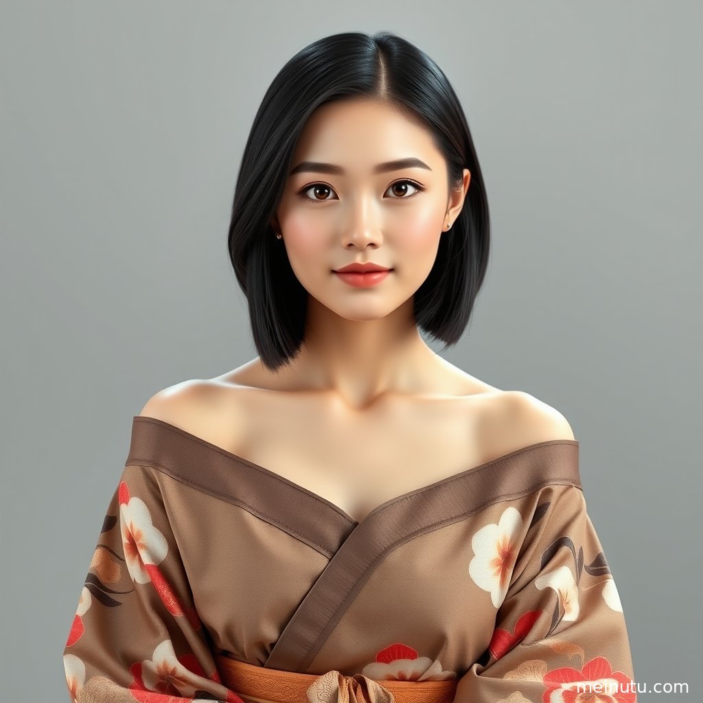 自然光下的和服美女人像，成年女性抬眸回望，庭院背景突出发型与织物纹理。