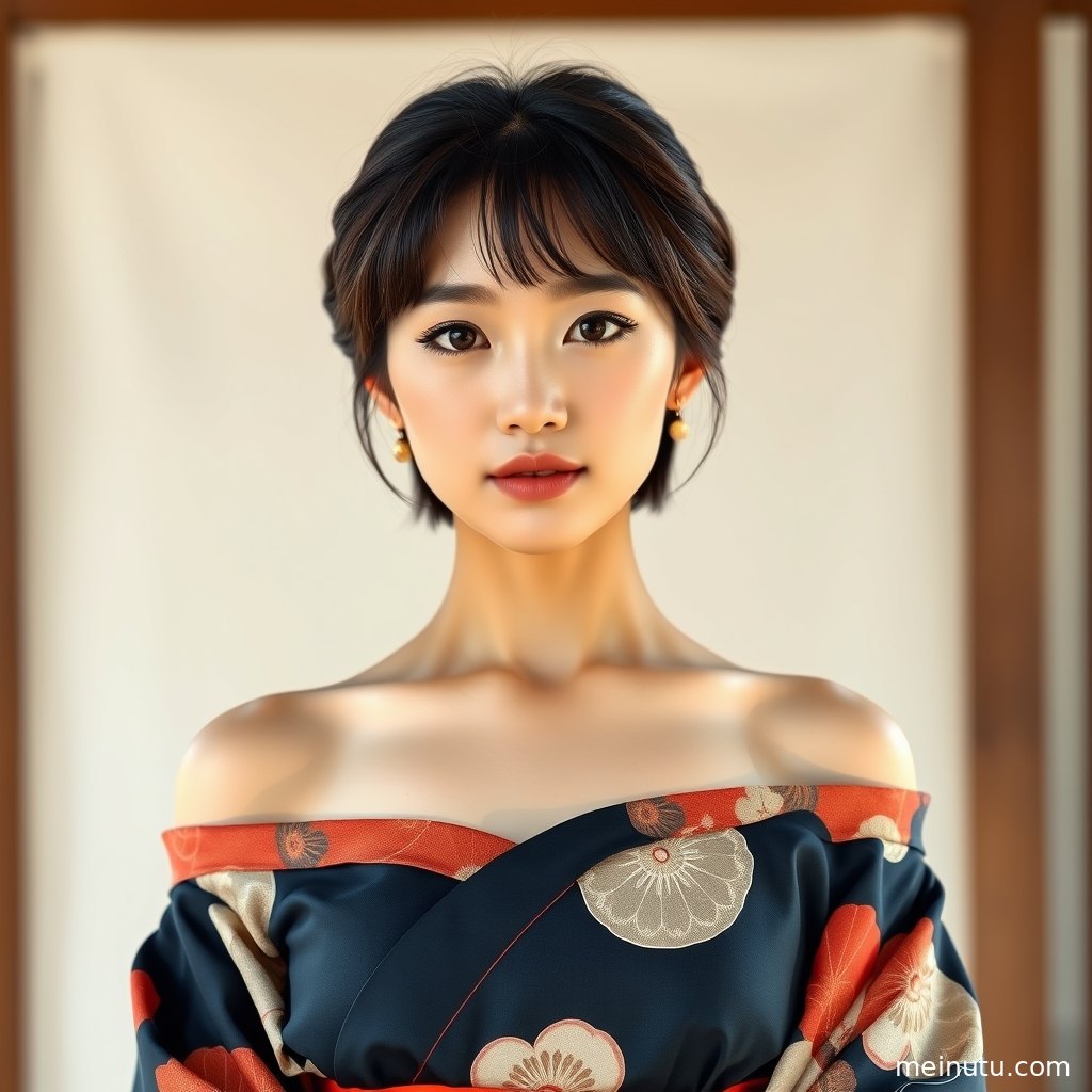 和服美女站在木质室内场景前，柔和逆光勾勒衣纹与腰带细节。