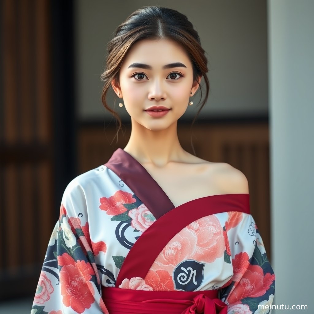 年轻成年女性穿浅色和服站在海边，柔和逆光勾勒衣袖与发丝。