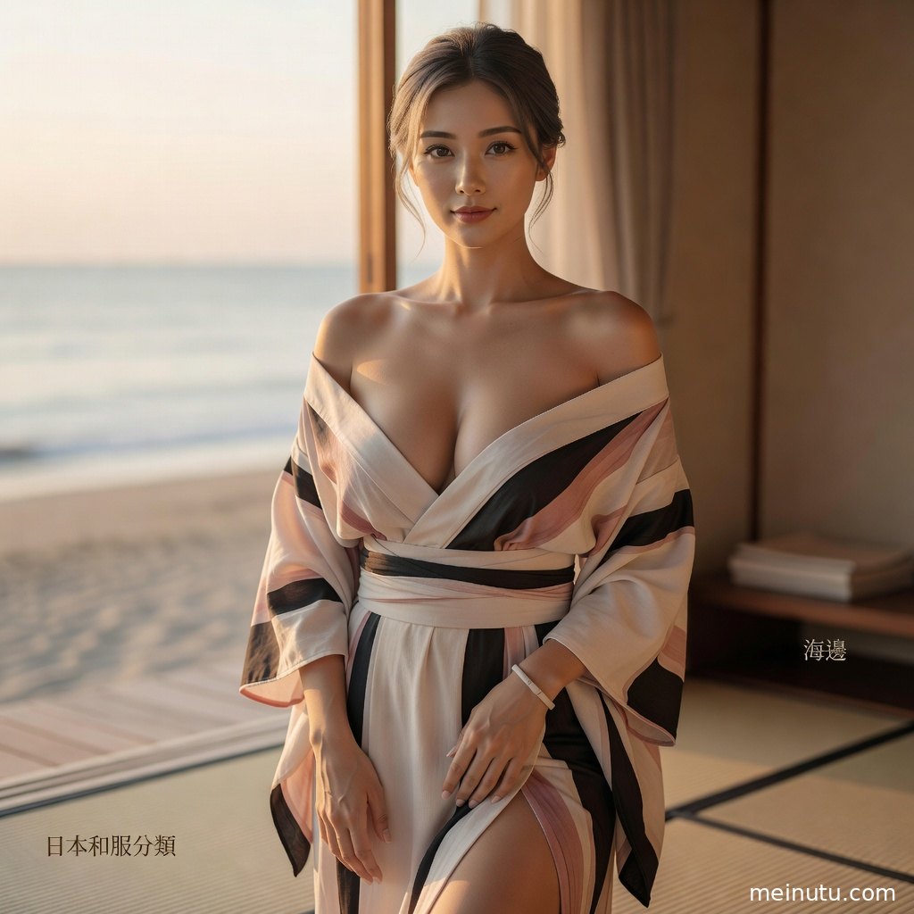 和服美女在沙滩边回眸，暖色逆光营造温柔宁静氛围。