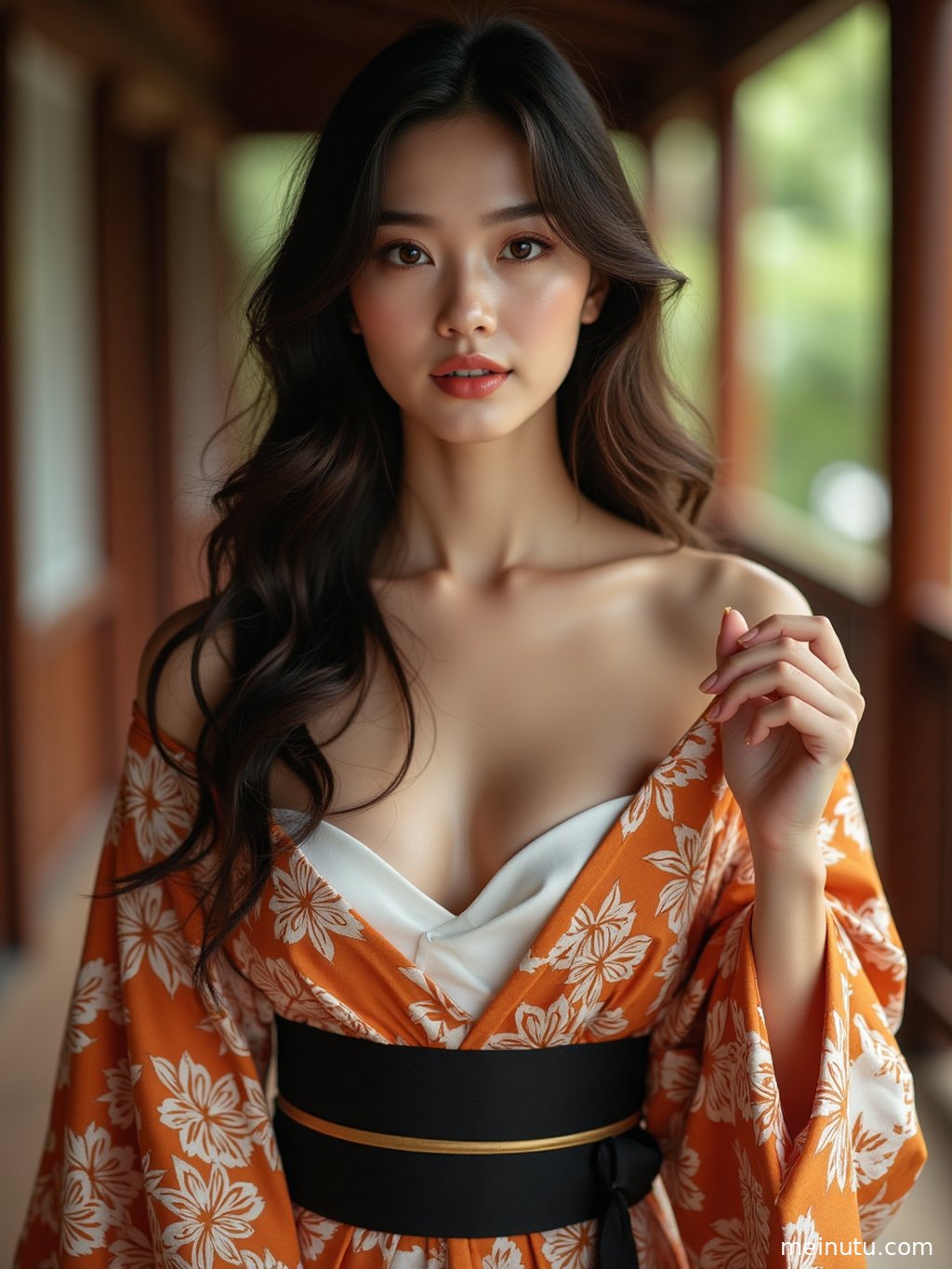Adult asian woman wearing an ornate furisode kimono in a softly backlit Japanese garden, creating an elegant traditional portrait.
