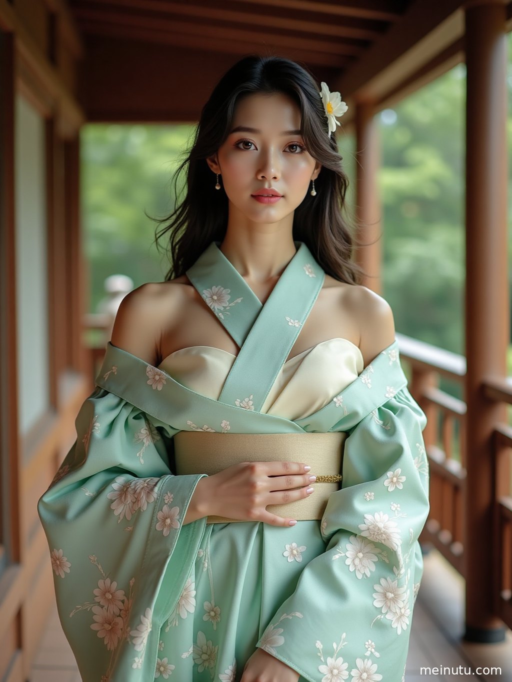 Adult asian women in different styles of Japanese kimono posed in a serene garden, with layered fabric details and soft backlight.