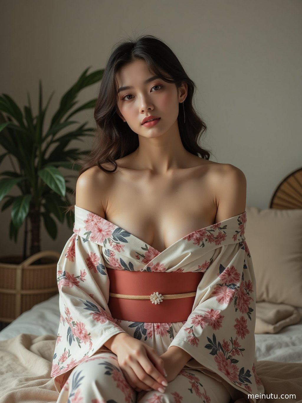 Close-up kimono portrait emphasizing fabric texture, floral patterns, and the graceful silhouette of an adult asian model.