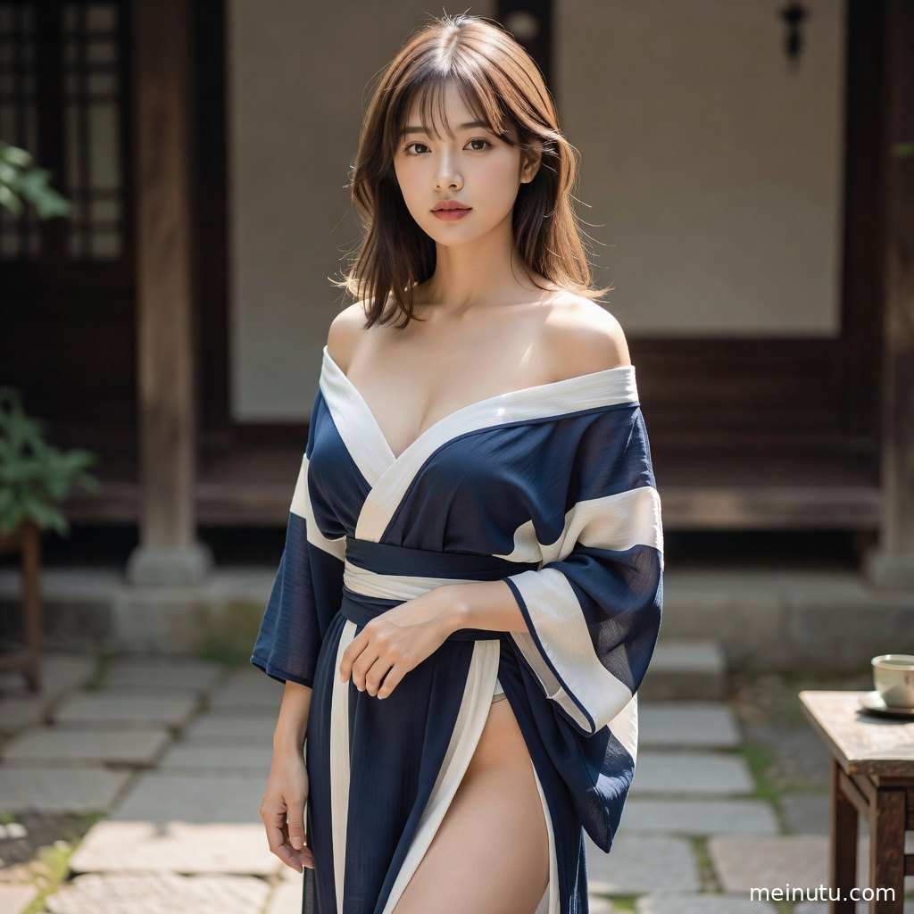 低角度拍摄的和服美女写真，精致花纹衣摆与庭院绿植形成清雅画面。