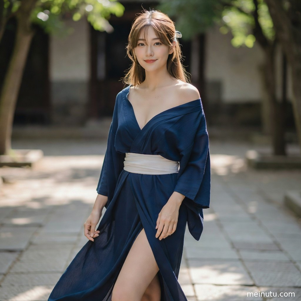 庭院背景下的日本和服花纹图集画面，低机位展现优雅姿态与静谧光影。