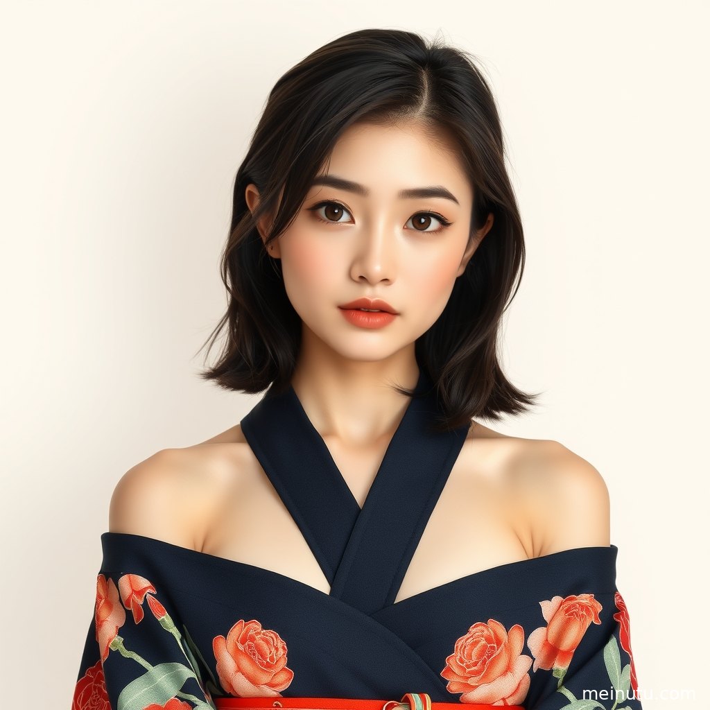 花园阴天漫射光下的和服美女高清图片，低饱和色调展现温柔氛围。