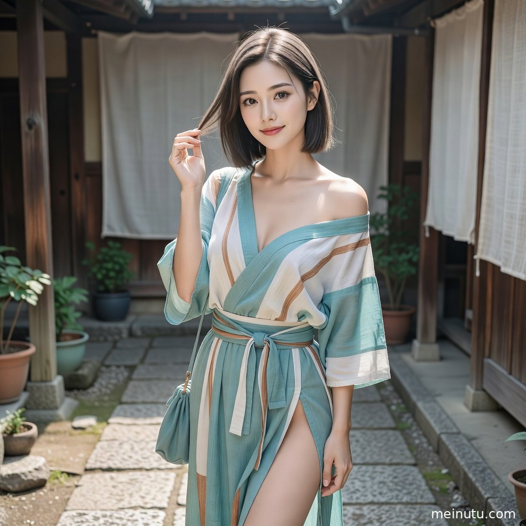 低角度拍摄的和服写真突出衣摆层次，庭院绿植背景带来柔和日系和风质感。