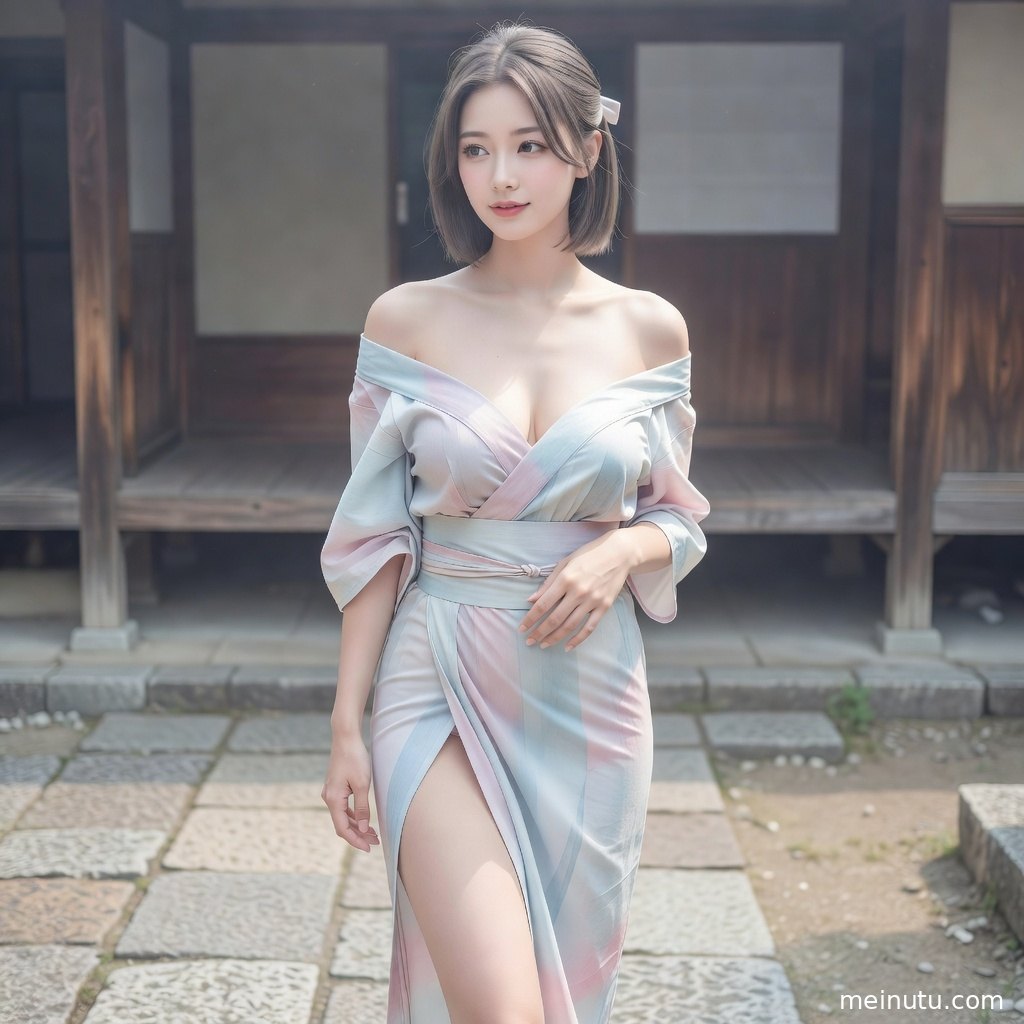 年轻成年女性以温柔姿态坐在庭院边，和服纹理、木质场景与浅色光影呈现雅致氛围。