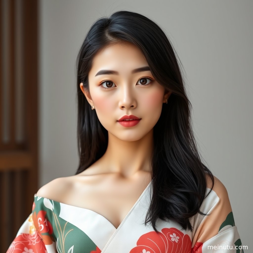 年轻成年女性身穿浅色和服站在晨光窗边，侧身回眸呈现电影感光影。