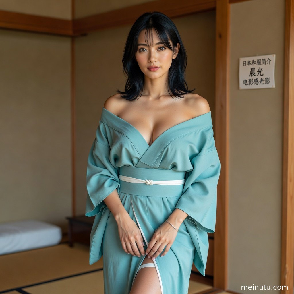 年轻成年女性穿花纹和服静立室内，柔和光线突出面部轮廓与织物细节。
