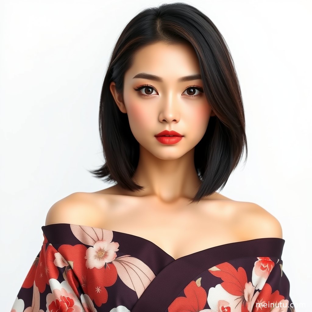 年轻成年女性身穿浅色日本和服，在室内柔光下侧身入镜，画面呈现清透高光与温雅和风气质。