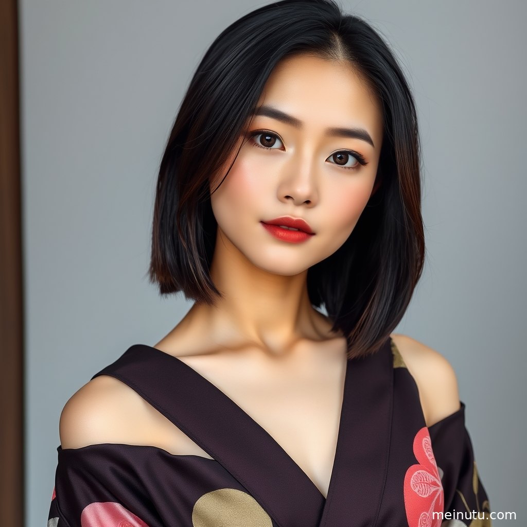 和服美女坐于简洁室内场景，三分法构图突出衣纹层次、发饰细节与柔和面部光影。