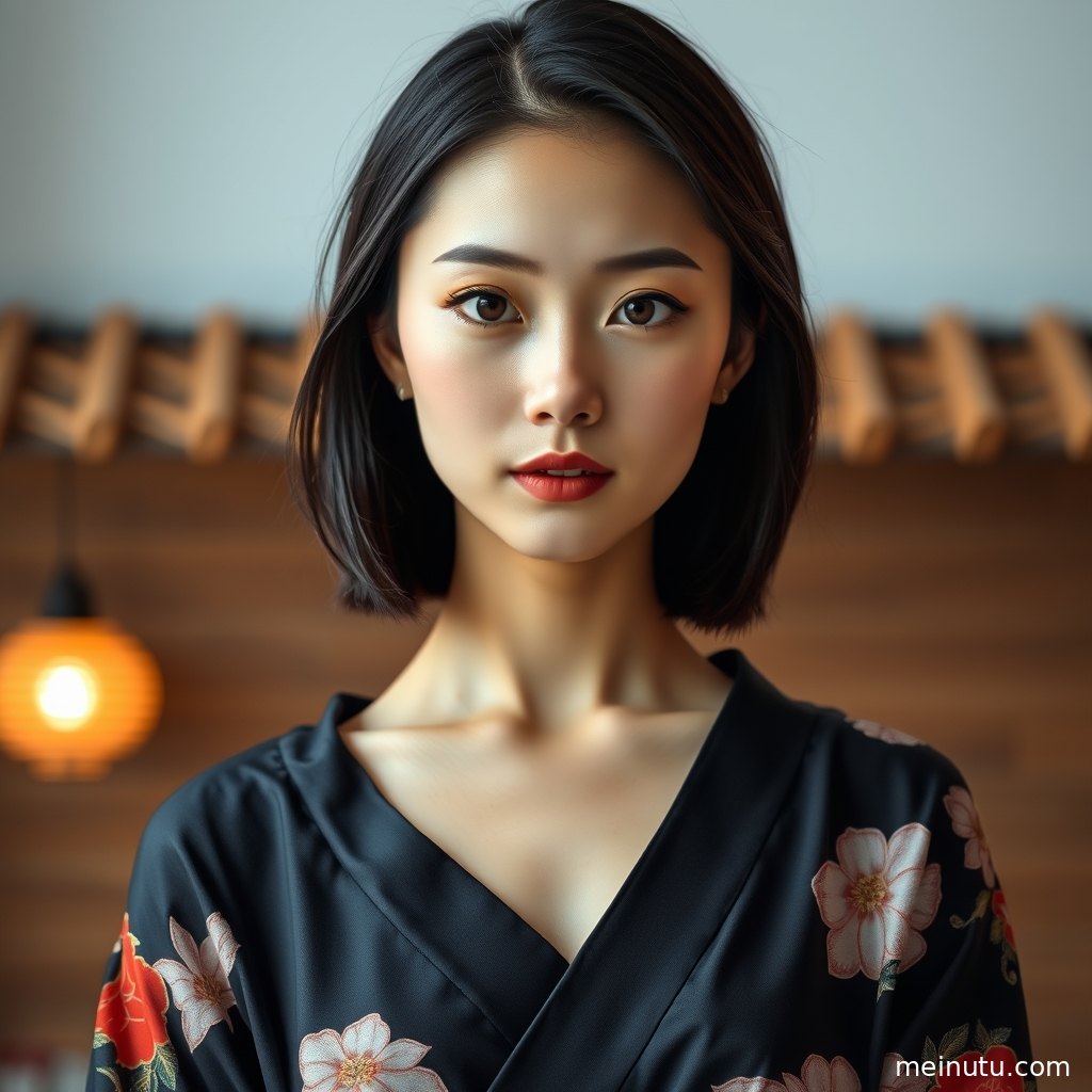 室内柔光下的日本和服款式图集画面，年轻成年女性端坐回眸，适合高清壁纸与摄影参考。