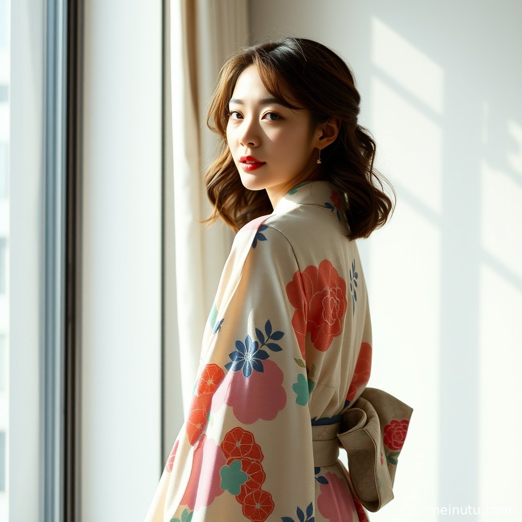 Close-up portrait of an adult woman showing refined kimono patterns, soft fabric texture, and elegant neckline detail.