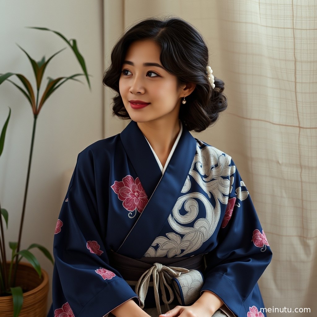 Soft window light outlines the thoughtful side profile of an adult Asian woman in a Japanese kimono.