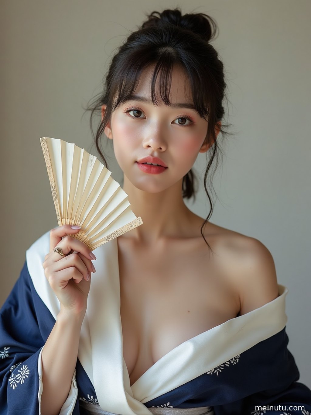 Close-up of refined kimono patterns and silky fabric sheen glowing under soft natural lighting.