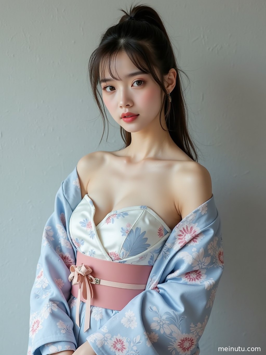 Detailed view of kimono styling, including the obi knot and flowing sleeves, presented with an artistic editorial feel.