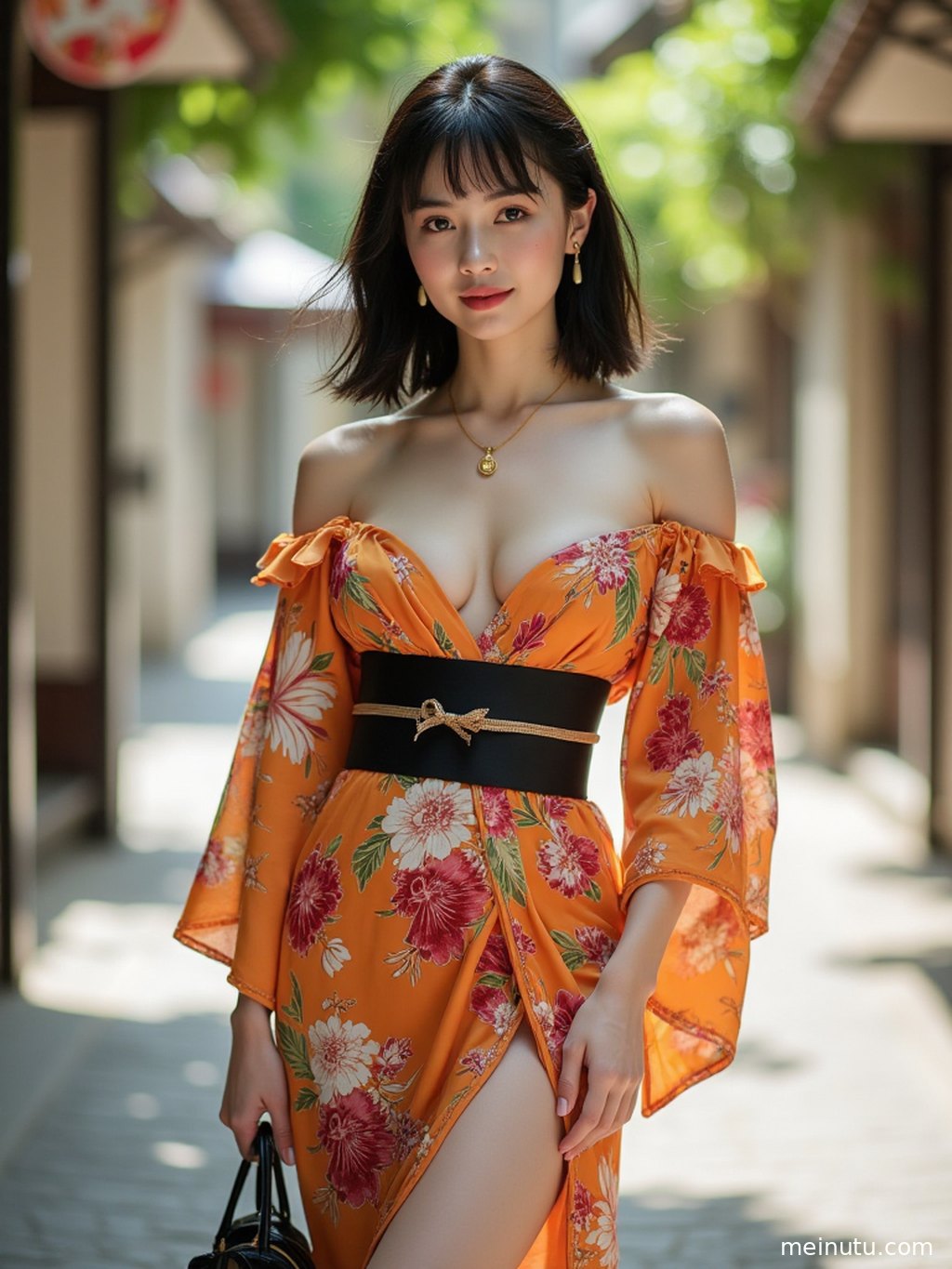 Adult woman in an elegant Japanese kimono looking back in a peaceful garden, with dappled cinematic light and a graceful story-like mood.