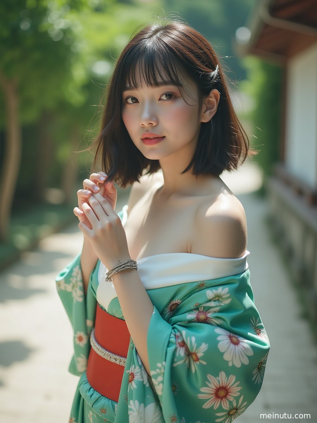 Close-up portrait showing refined kimono fabric details beside blooming garden flowers, creating a delicate Japanese-inspired beauty image.