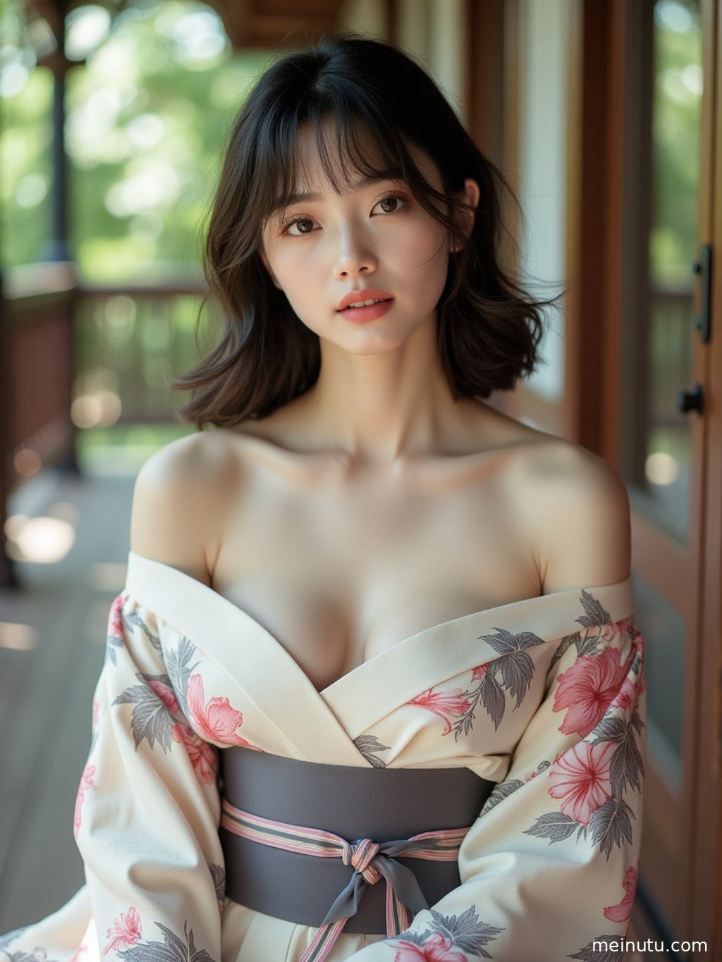 Adult woman in a traditional kimono walking along a sunlit garden path, framed by soft cinematic light and elegant natural scenery.