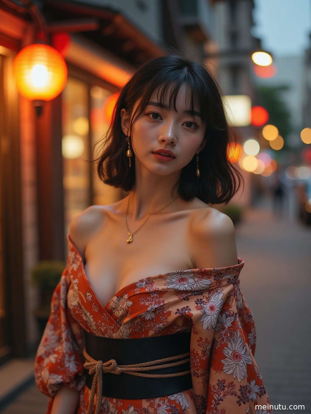 Serene asian model in a Japanese kimono standing in a quiet garden corner, surrounded by layered shadows and classic wafu atmosphere.