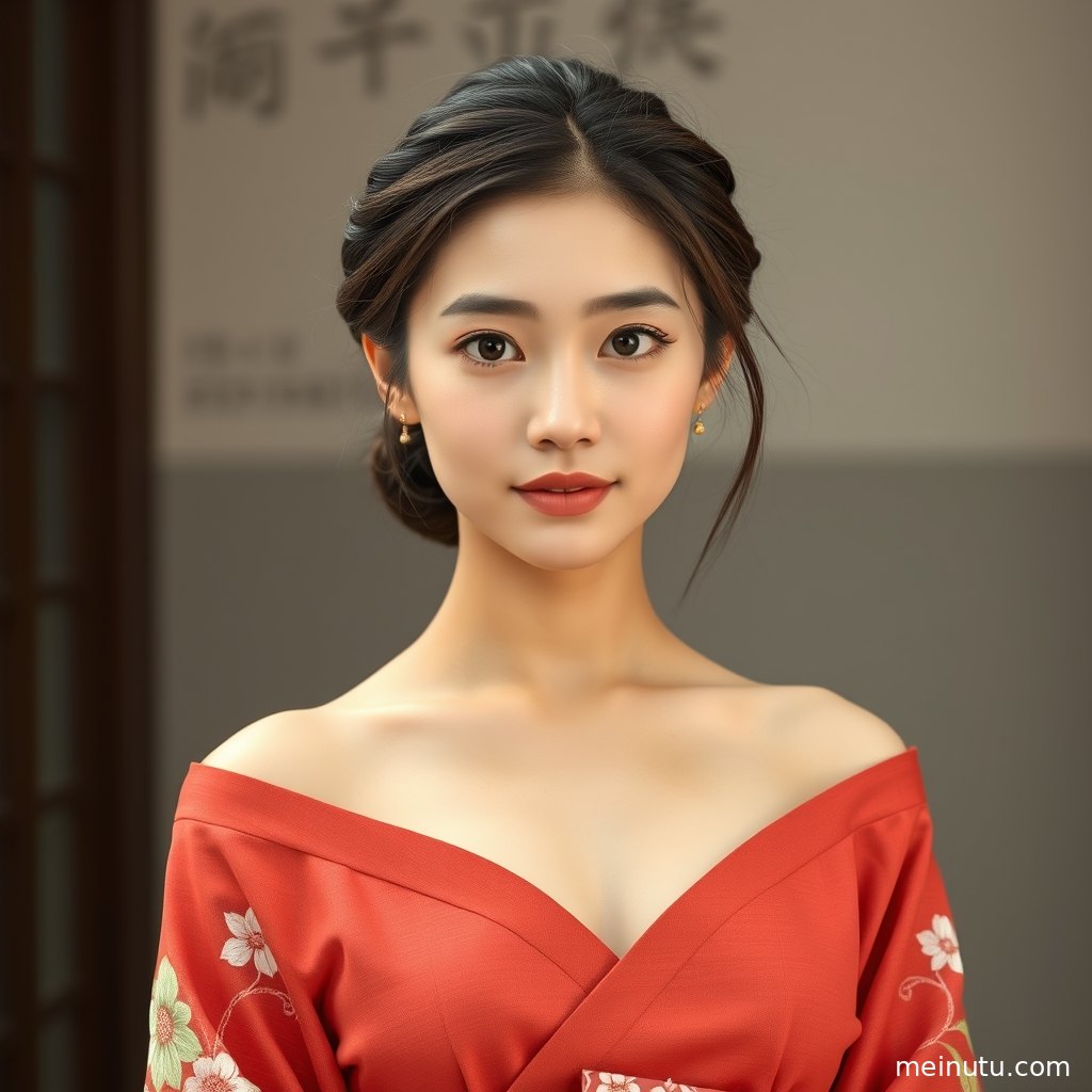 庭院绿植映衬下的日本和服人偶感写真，半身画面突出细腻纹理与温柔神情。