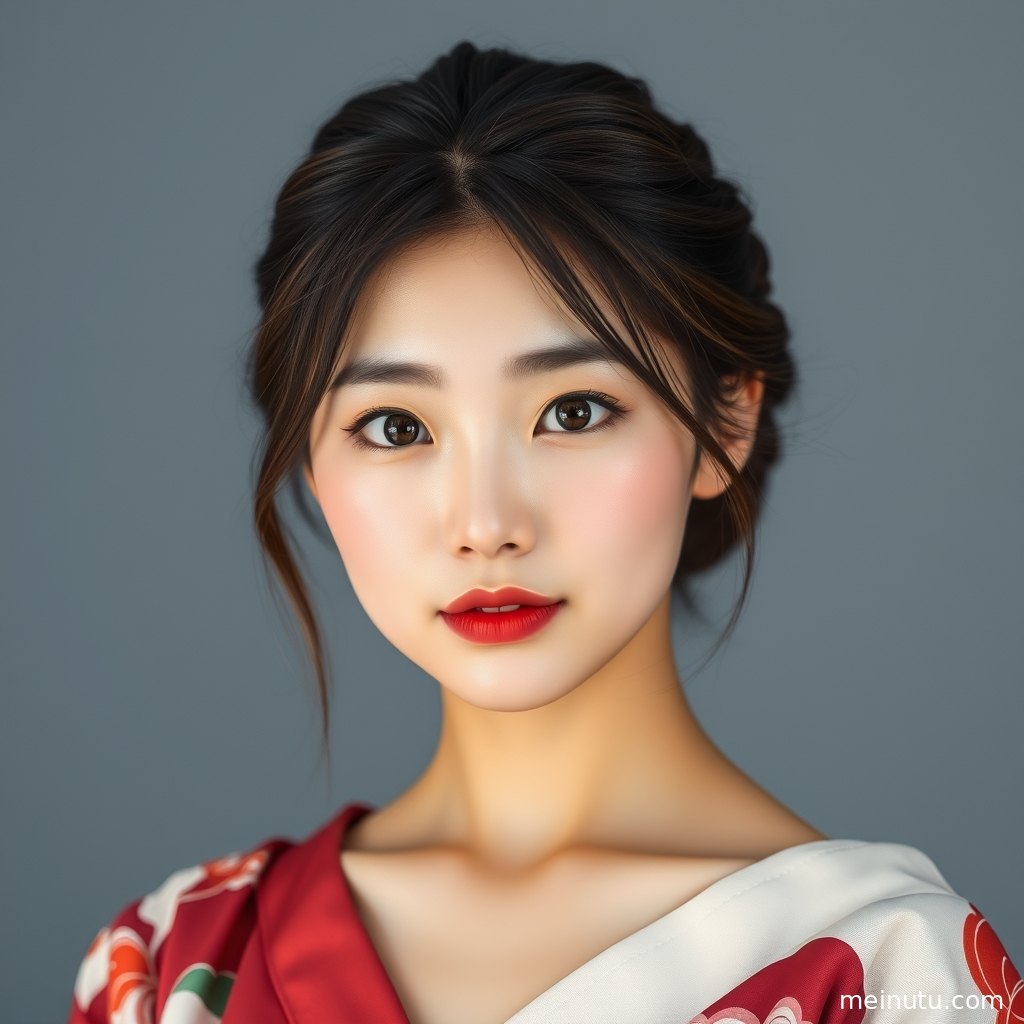年轻成年女性穿传统和服置身静谧庭院，自然光营造清透高清写真质感。