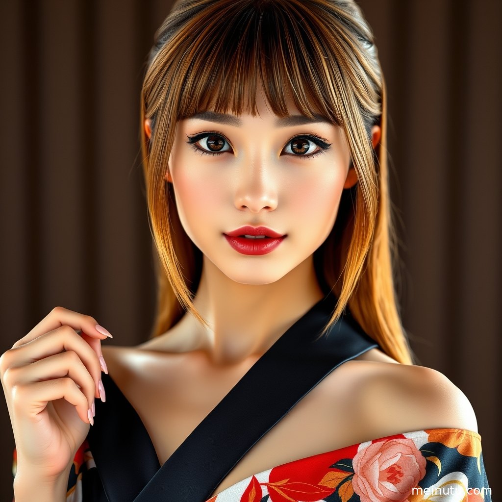 年轻成年女性身着日本和服在街巷中回眸，暖色侧光勾勒脸部轮廓。