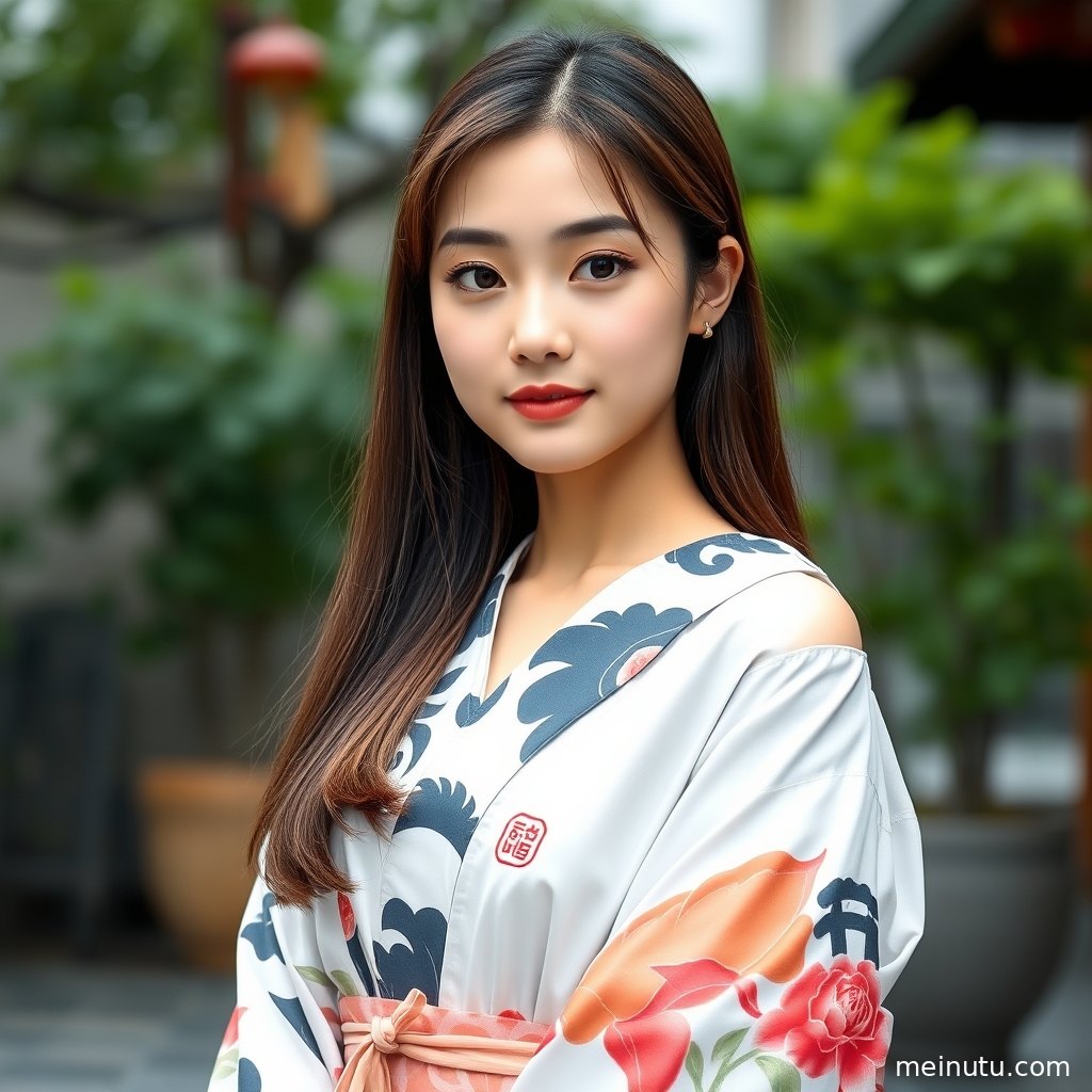 成年女性身穿日本和服图案服饰，在室内柔光与暖色侧光中呈现温柔和风写真。