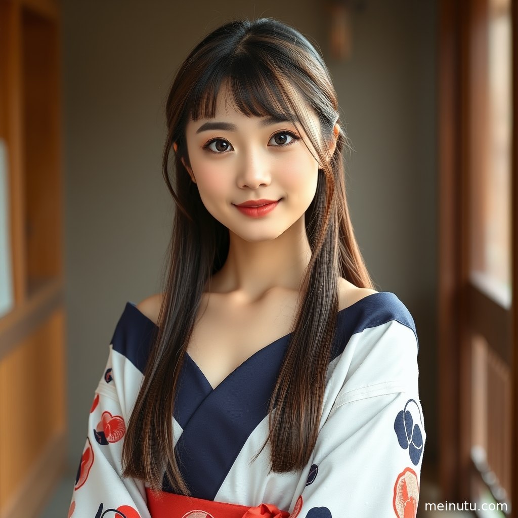 俯拍视角展现和服纹样与发饰细节，Asian成年女性坐在暖色室内场景中。