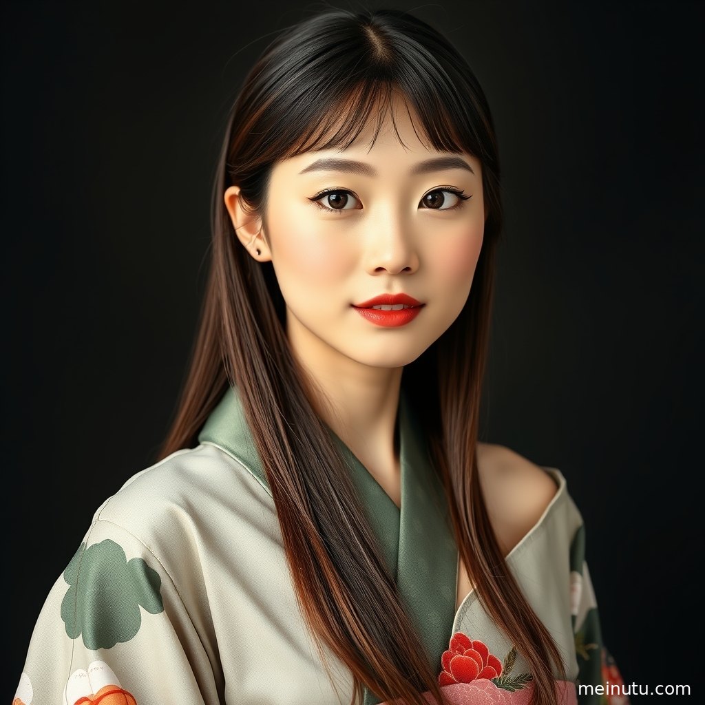 室内柔光勾勒和服袖摆与腰带层次，年轻成年女性呈现安静优雅的和风氛围。