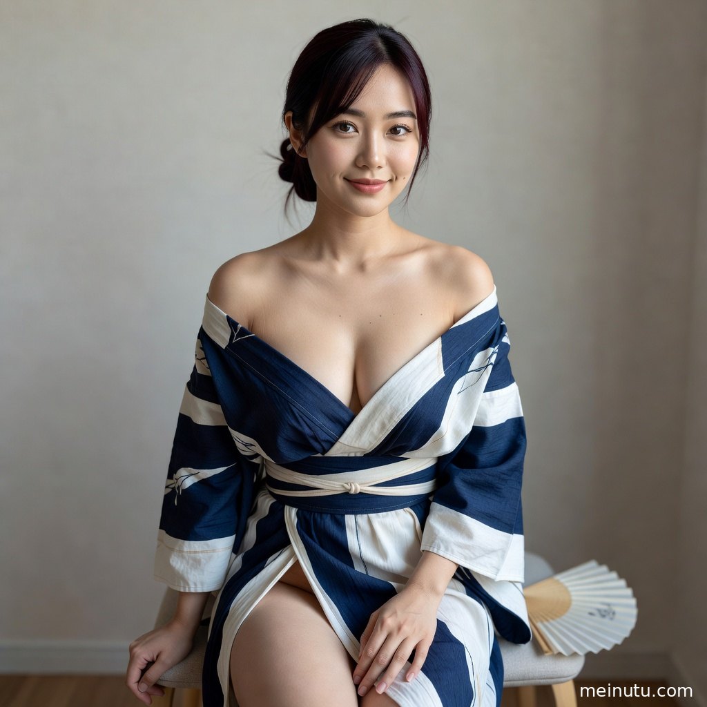 年轻成年女性穿日本和服在自然光棚内半身出镜，浅色背景呈现极简和风美女写真。
