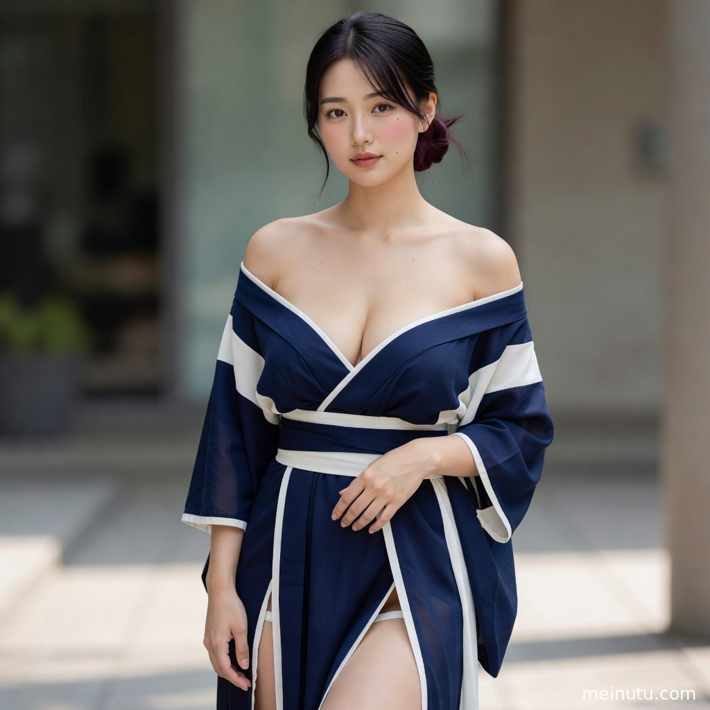 日本和服娃娃风格半身构图，年轻成年女性在留白棚拍中展现清雅日系和风。