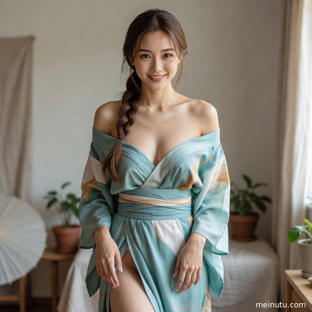 日系和风室内写真，年轻成年女性身着和服靠近木质窗边。