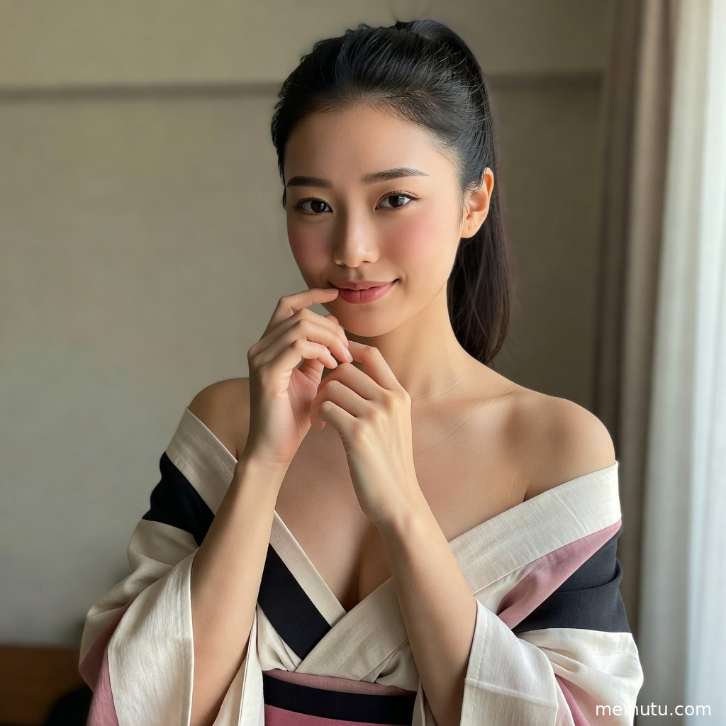 和服美女以低角度构图呈现足袋袜与衣摆层次，室内柔光营造安静的日系和风氛围。