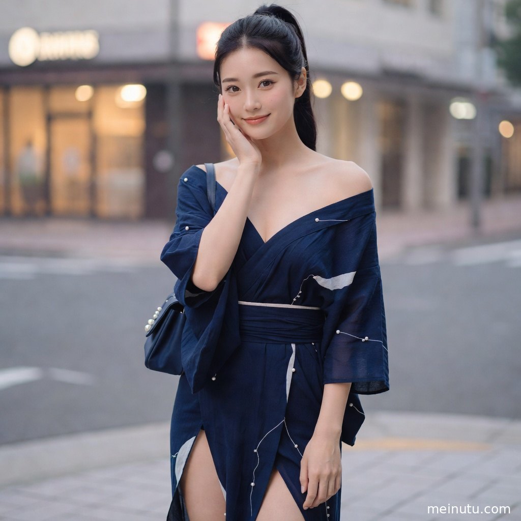 年轻成年女性侧坐在木质地面上，和服纹理与日本和服袜子细节在高清画面中清晰可见。