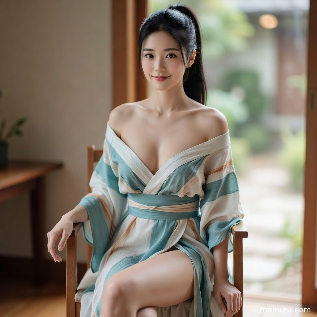 室内柔光包围身着和服的成年女性，柔和逆光突出足袋袜线条与温柔的和风写真质感。