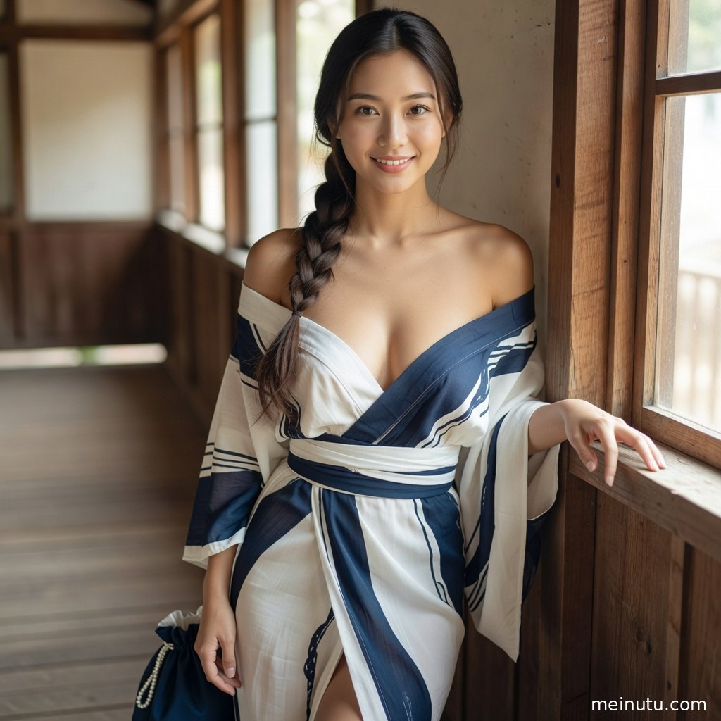 和服美女倚近木质窗边，电影感光影勾勒衣纹与温柔表情。