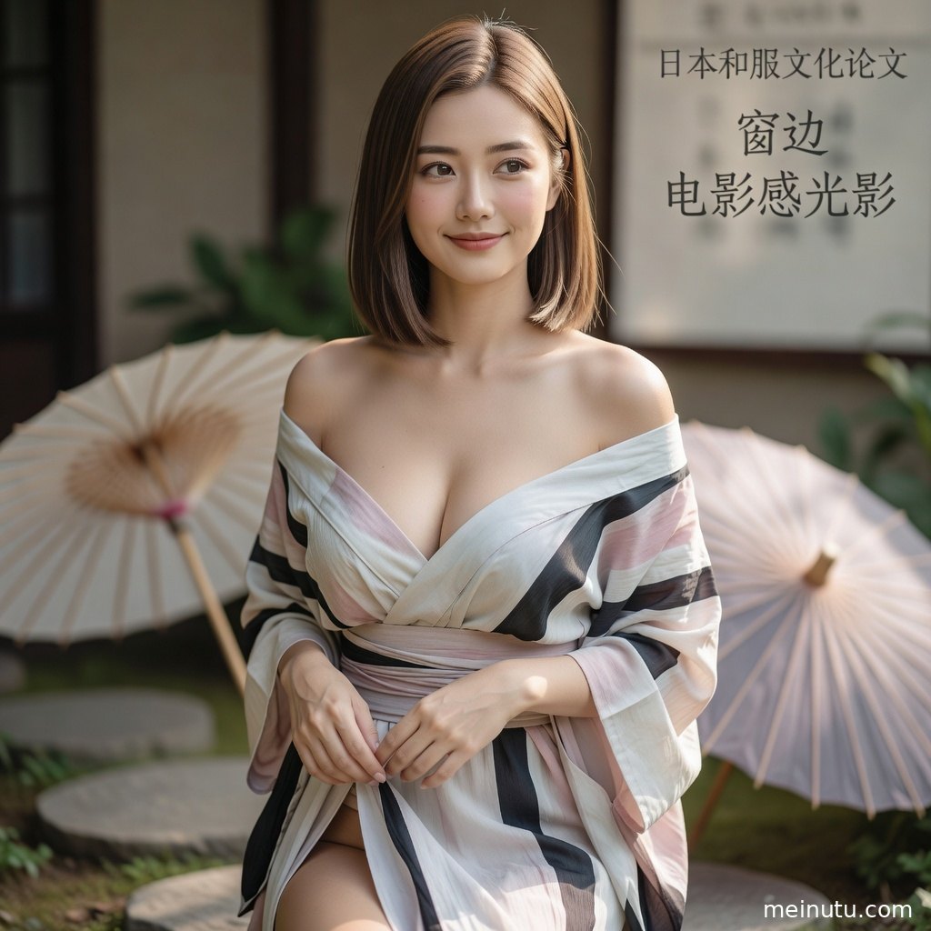 日系和风室内写真中，和服美女在窗帘旁展现温柔安静氛围。