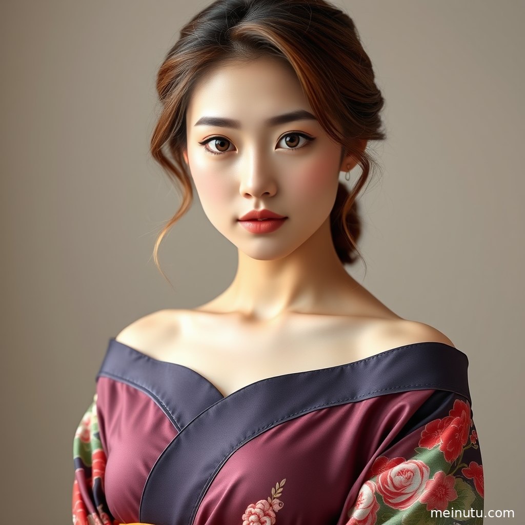 和服写真以低角度构图呈现安静姿态，室内柔光突出日系和风的典雅氛围。